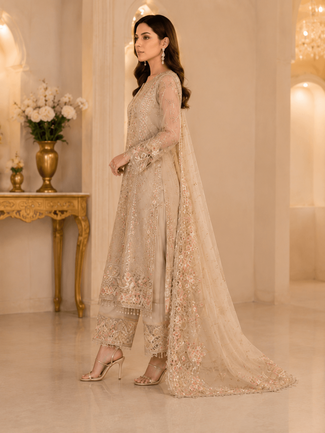 Aurelia Champagne Embroidered 3-Piece Luxury Formal Suit - Image 3