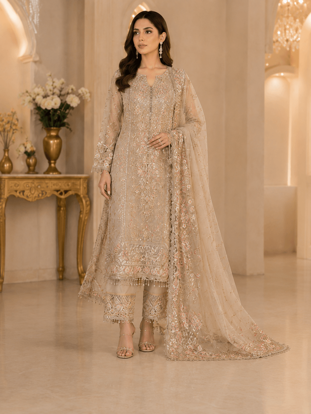 Aurelia Champagne Embroidered 3-Piece Luxury Formal Suit - Image
